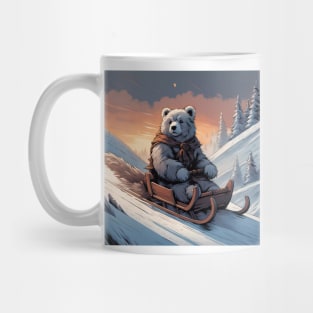 Teddy on a sledge riding down a hill in the snow Mug